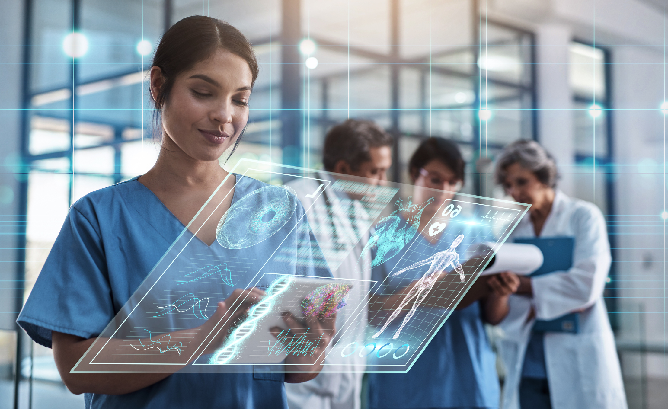 Nurse looking at floating screen