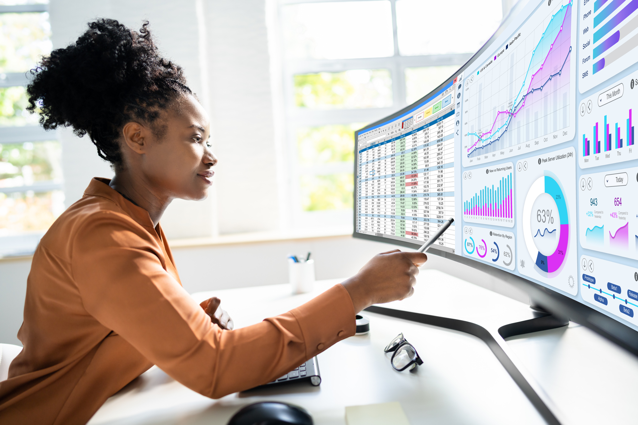 lady looking at a screen with charts and data