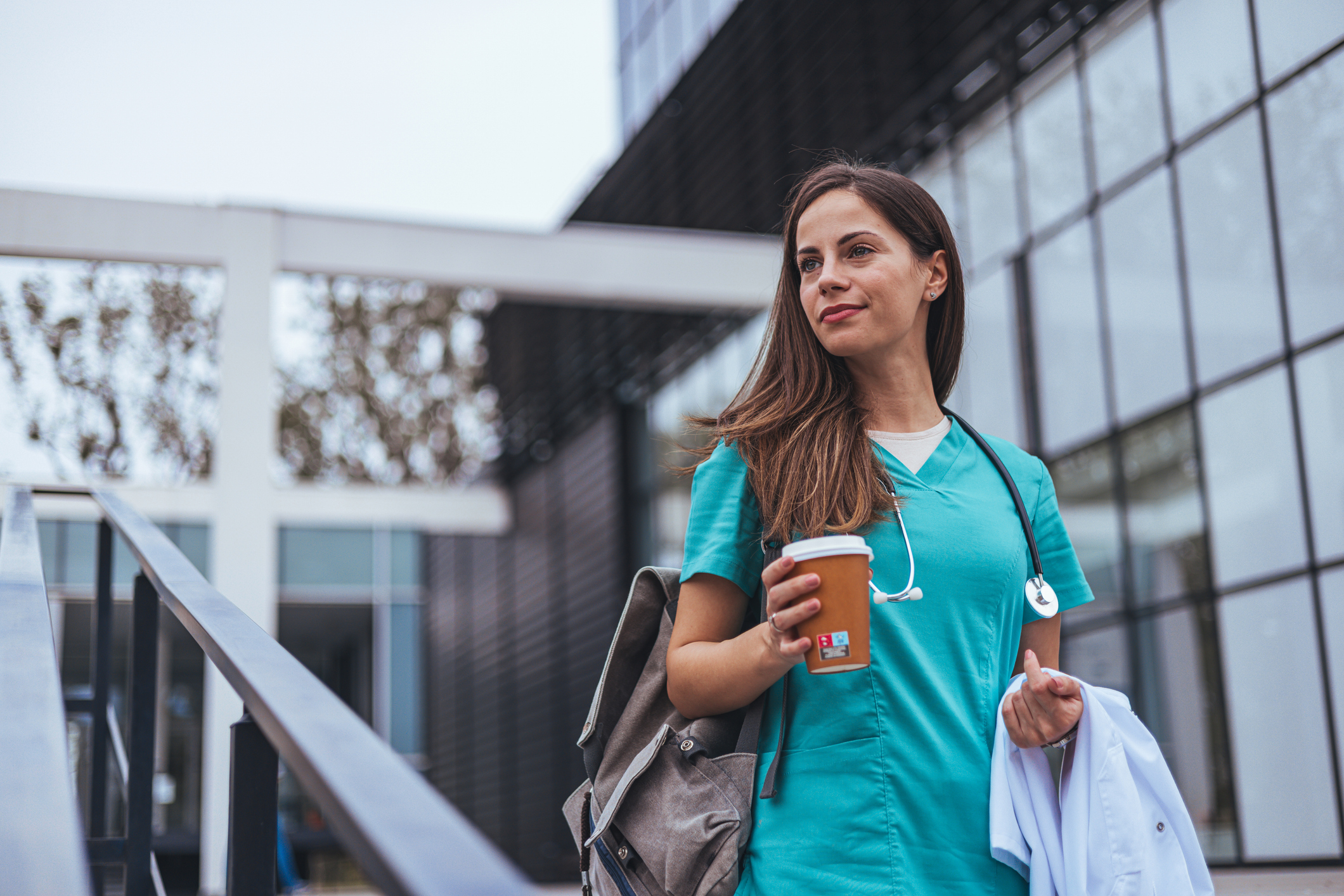 Nurse walking down the stairs